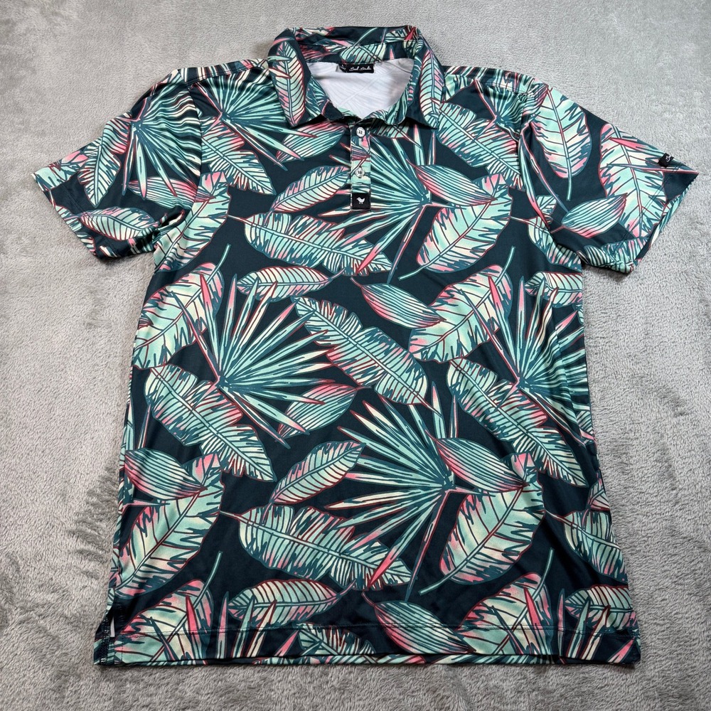 Bad Birdie Polo Shirt Men Large Green Tropical Palm Leaf Print Short Sleeve